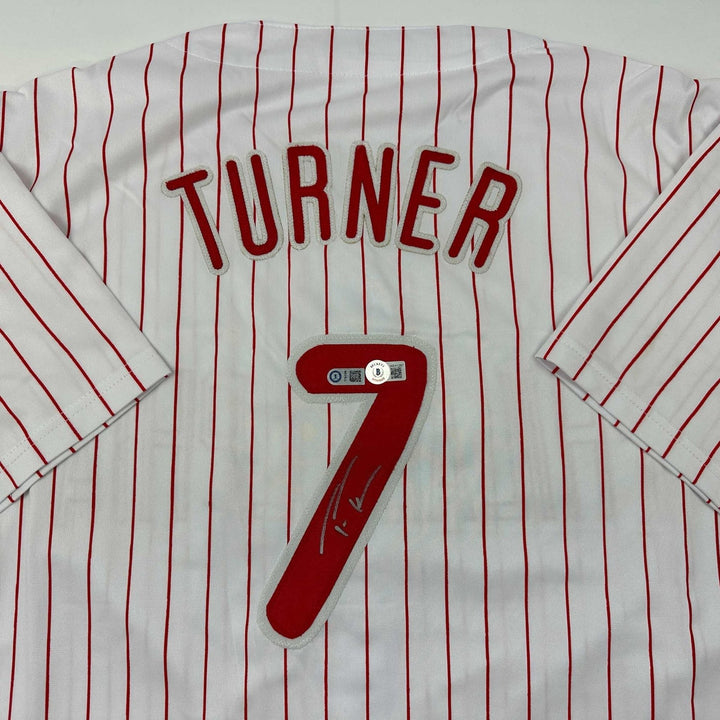 Autographed/Signed Trea Turner Philadelphia Pinstripe Jersey Beckett COA