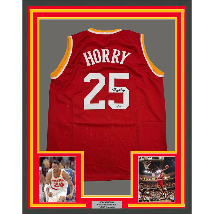 Framed Autographed/Signed Robert Horry 35x39 Houston Red Jersey Beckett BAS COA