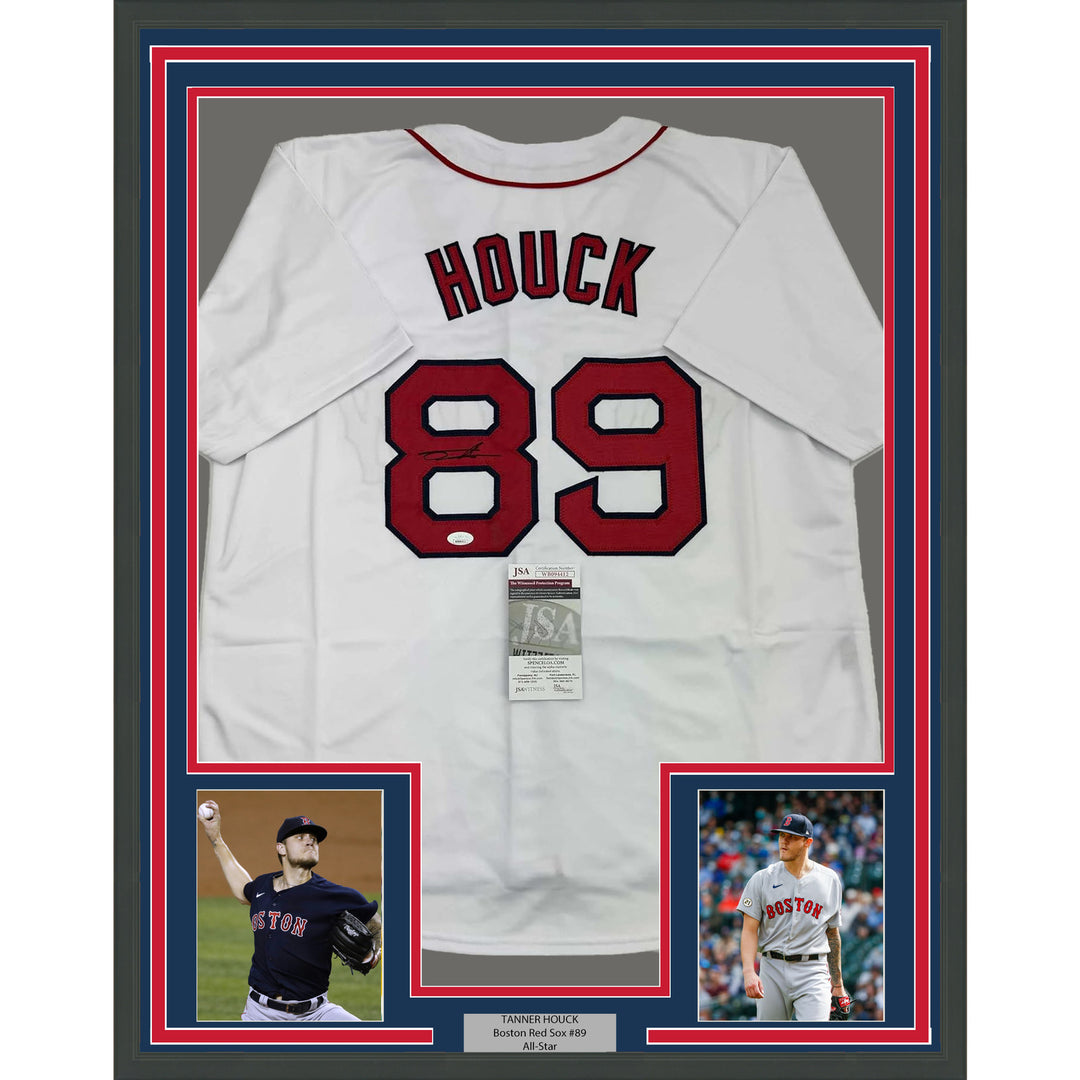 Framed Autographed/Signed Tanner Houck 35x39 Boston White Jersey JSA COA