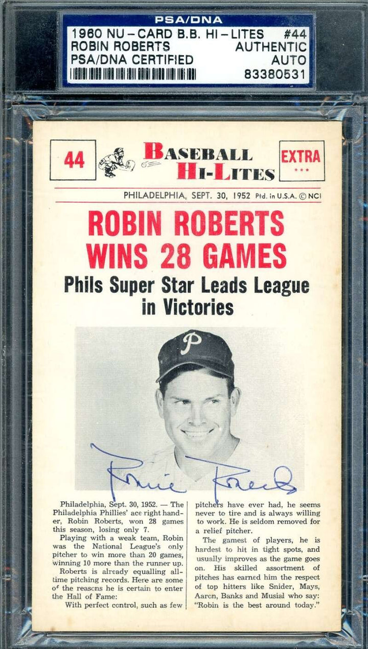 Robin Roberts PSA DNA Signed 1960 Nu-Card Hi-Lites Large Autograph