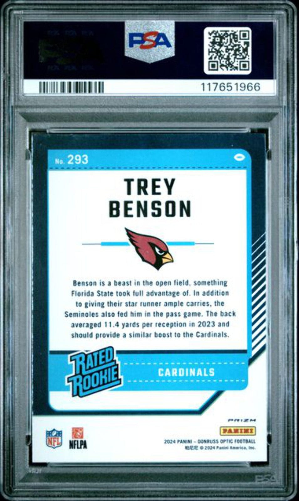 Graded 2024 Panini Donruss Optic Trey Benson #293 Green Velocity RC Card PSA 10