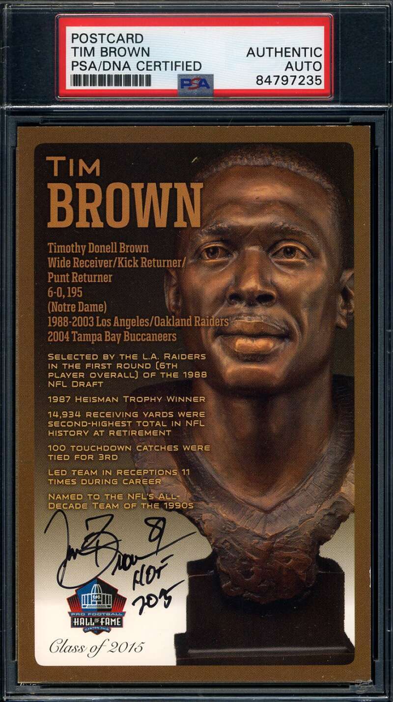 Tim Brown PSA DNA Signed Hall of Fame Bronze Bust Postcard Autograph