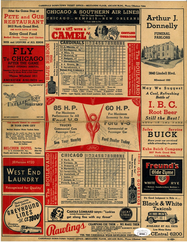 1938 Cubs/Cardinals 11x14 OFC 5 Cent Score Card 5 Sig Charlie Grim, Hack-JSA LOA