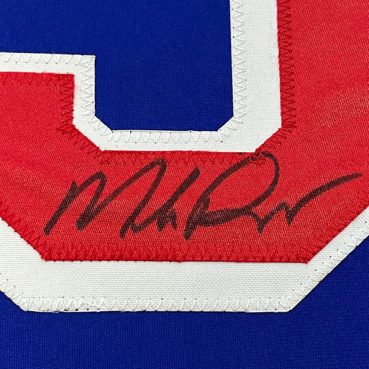 FRAMED Autographed/Signed MIKE RICHTER 33x42 New York Blue Jersey PSA/DNA COA