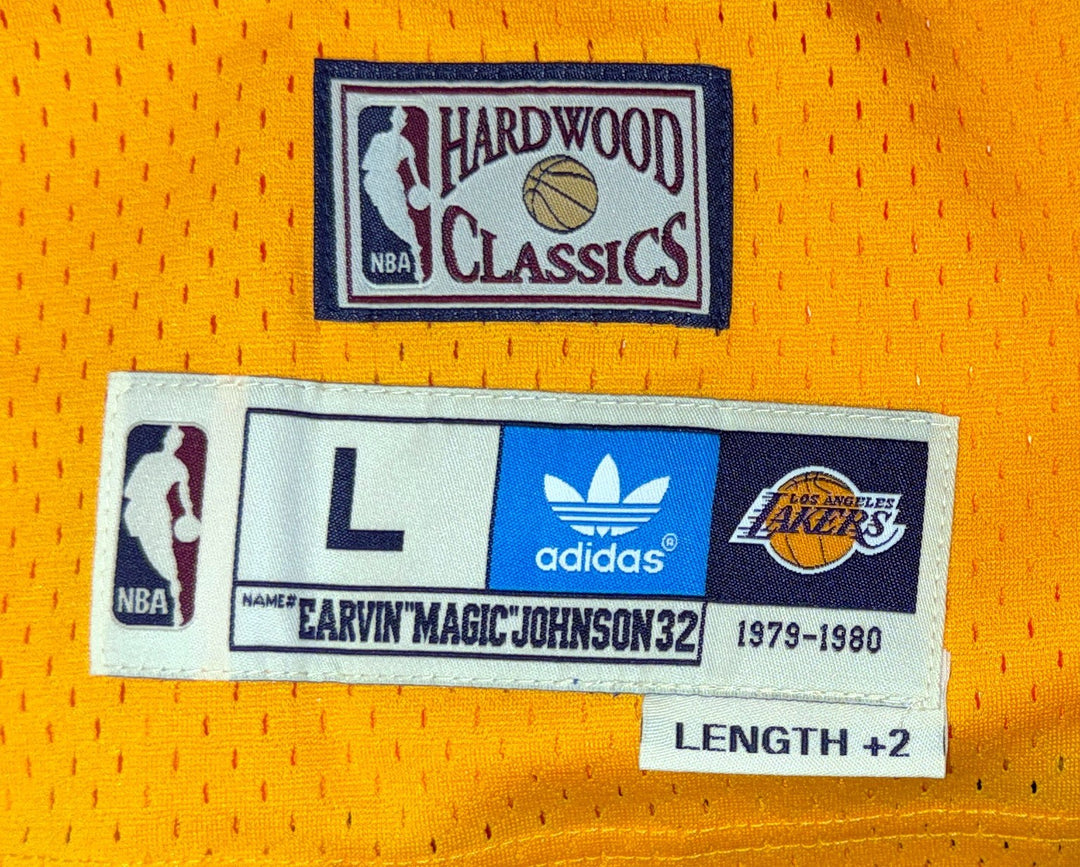 Magic Johnson signed Lakers Adidas Hardwood Classics 5 Stat Jersey /32- Fanatics