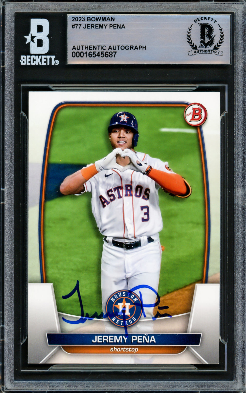 Jeremy Pena Autographed 2023 Bowman Card #77 Astros Full Name Beckett #16545687