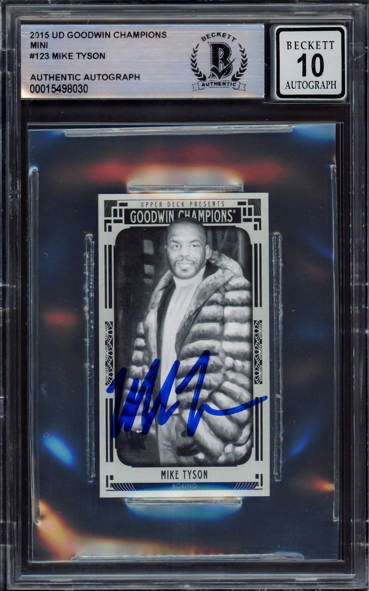 Mike Tyson Signed 2015 Upper Deck Goodwin Champions Mini Card 123 Sig 10 Beckett