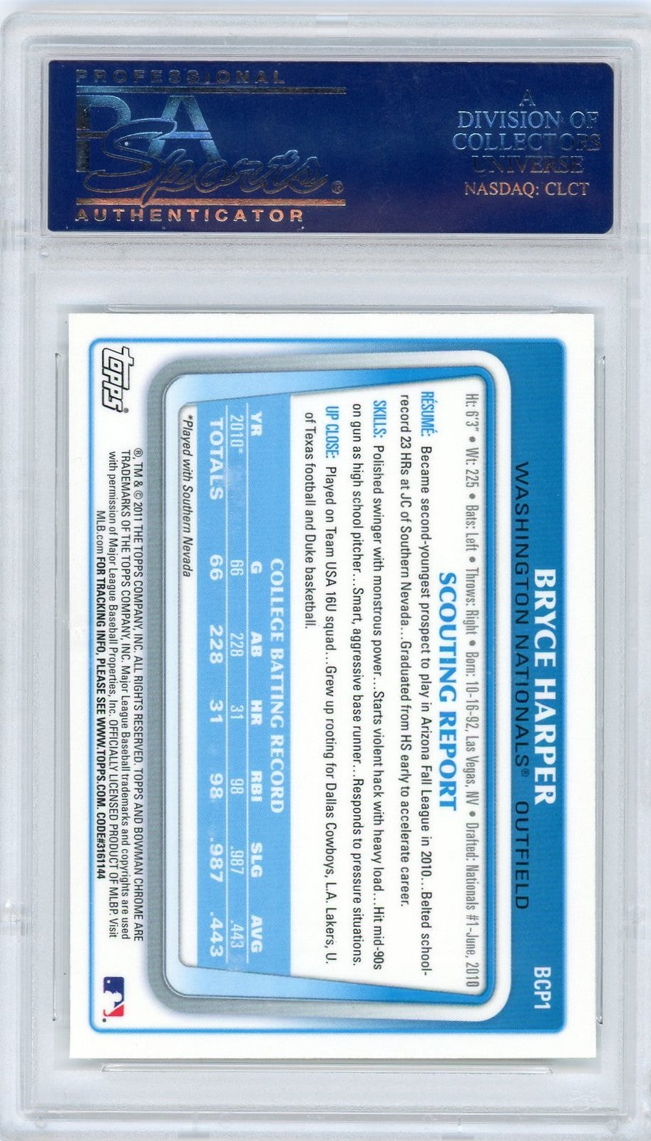 Graded 2011 Bowman Chrome Prospects Bryce Harper #BCP1 Rookie Card PSA 10