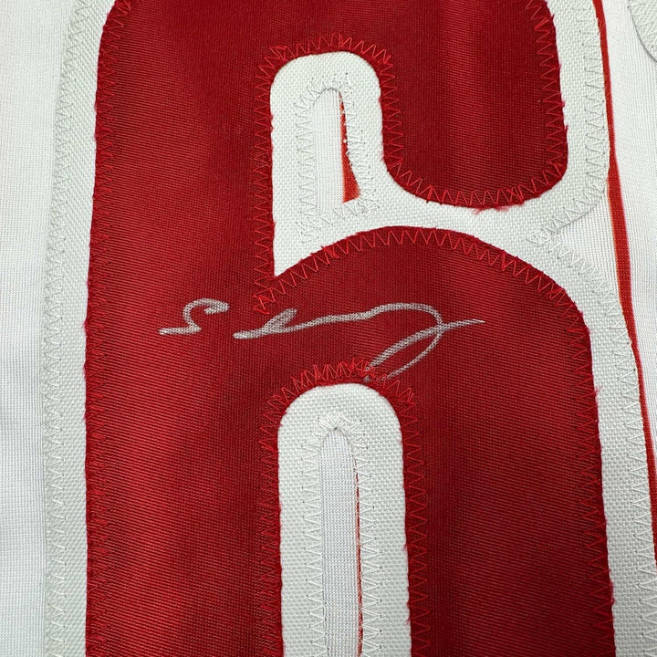 Framed Autographed/Signed Cristopher Sanchez 35x39 Pinstripe Jersey Beckett COA