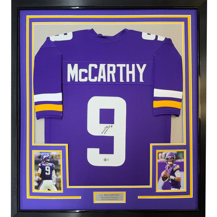 Framed Autographed/Signed J.J. JJ McCarthy 35x39 Minnesota Purple Jersey BAS COA