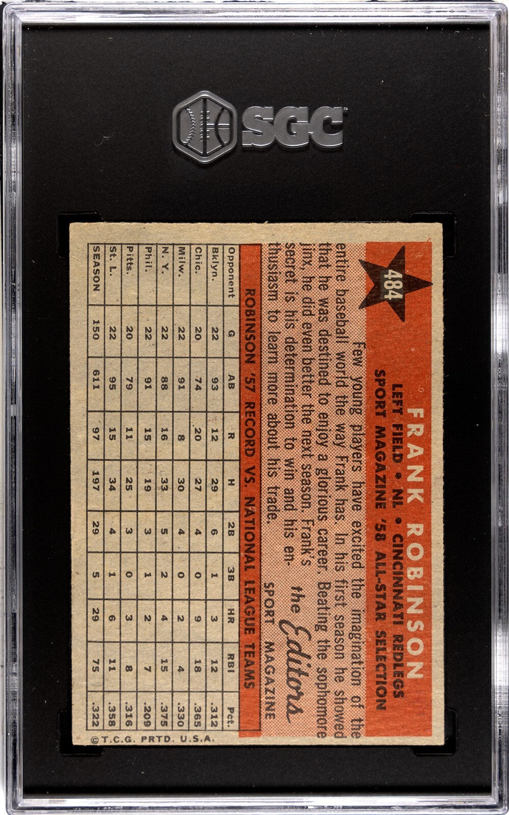 Frank Robinson 1958 Topps All-Star Baseball Card #484- SGC Graded 3.5 VG+