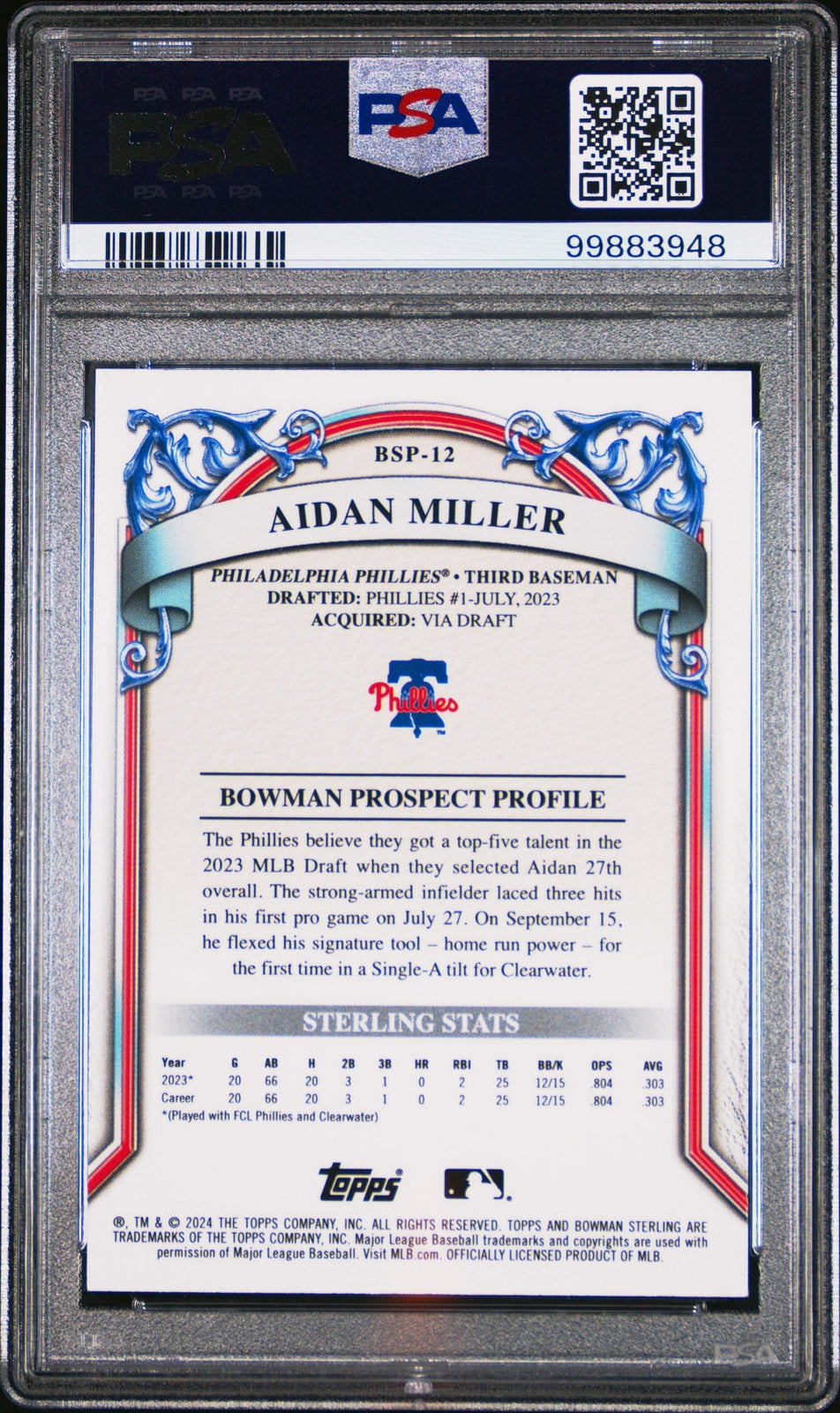 Graded 2024 Bowman Sterling Aidan Miller #BSP12 Prospects Baseball Card PSA 10