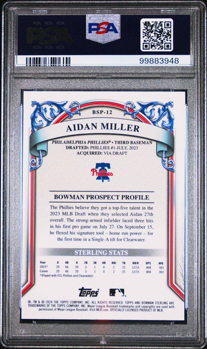 Graded 2024 Bowman Sterling Aidan Miller #BSP12 Prospects Baseball Card PSA 10