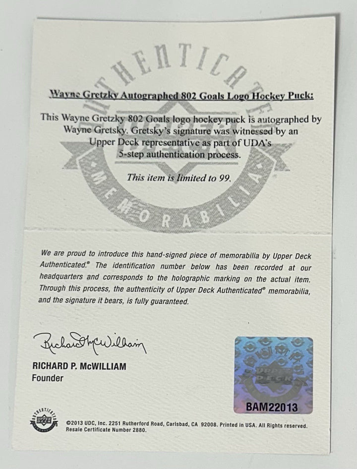 Wayne Gretzky Signed 802 All Time Goal Puck /99 Auto W/ Case Kings UDA COA HOF