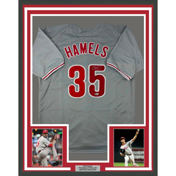 Framed Autographed/Signed Cole Hamels 33x42 Philadelphia Grey Jersey COA