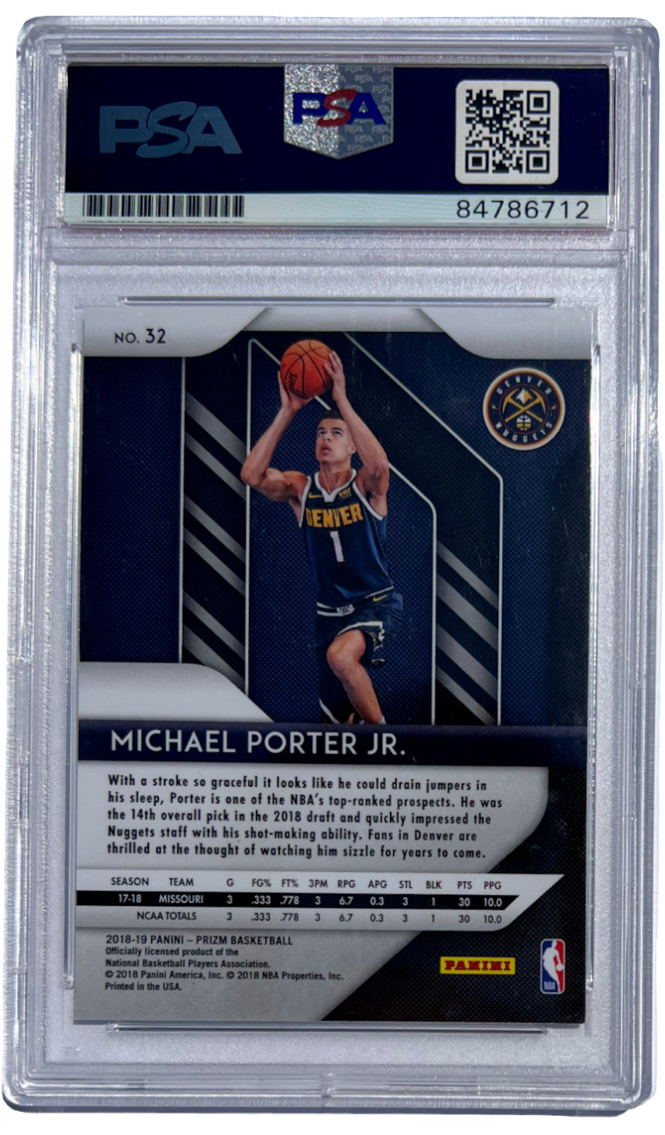 MICHAEL PORTER JR SIGNED NUGGETS 2018 PANINI PRIZM ROOKIE CARD PSA/DNA AUTO 10
