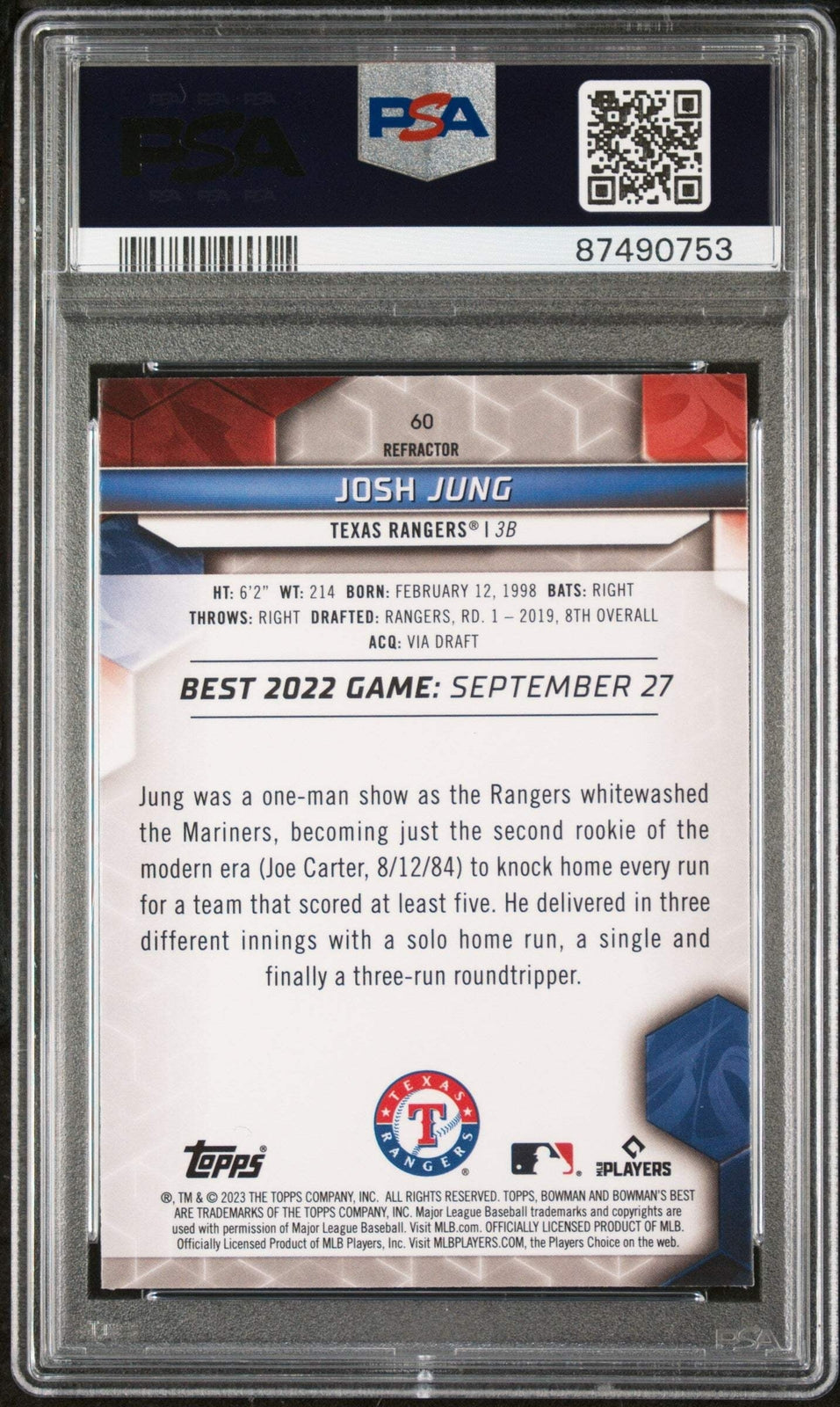 Graded 2023 Topps Bowmans Best Josh Jung #60 Refractor RC Baseball Card PSA 10