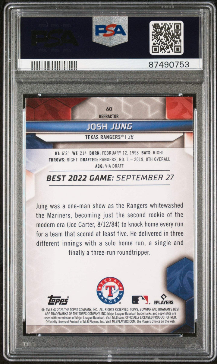 Graded 2023 Topps Bowmans Best Josh Jung #60 Refractor RC Baseball Card PSA 10
