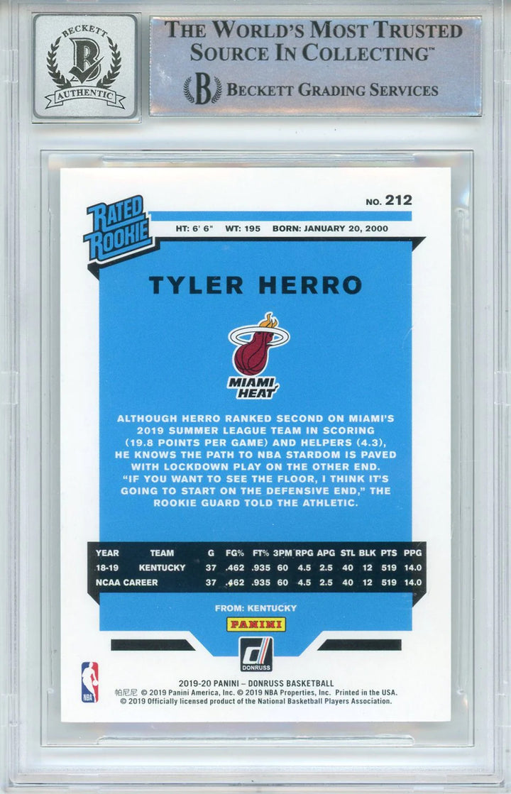 Tyler Herro Autographed 2019-20 Panini Donruss Rookie Card #212 (BGS 10 Auto)