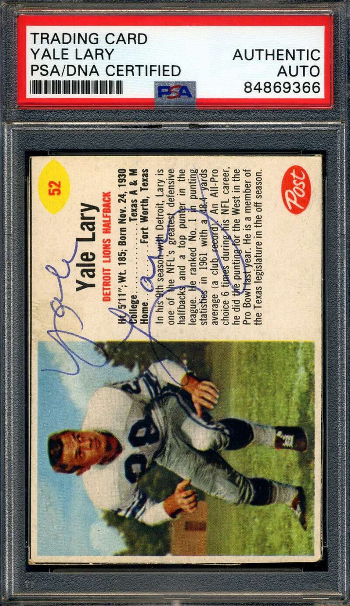 Yale Lary PSA DNA Signed 1962 Post Autographed