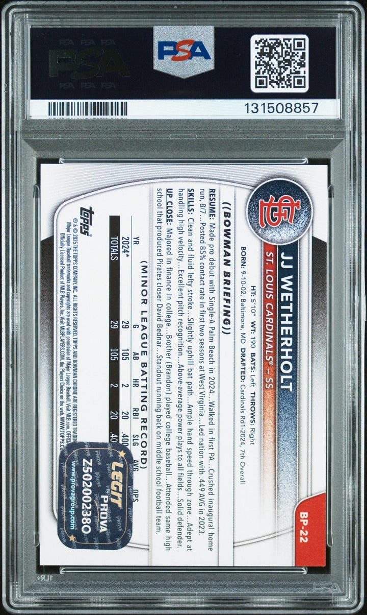 Graded 2025 Bowman JJ Wetherholt #BP-22 Prospects RC Card PSA 10 Auto Grade