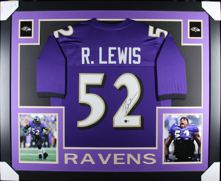 Ray Lewis Autographed Pro Style Purple XL Framed Jersey 35x43 Beckett 53754