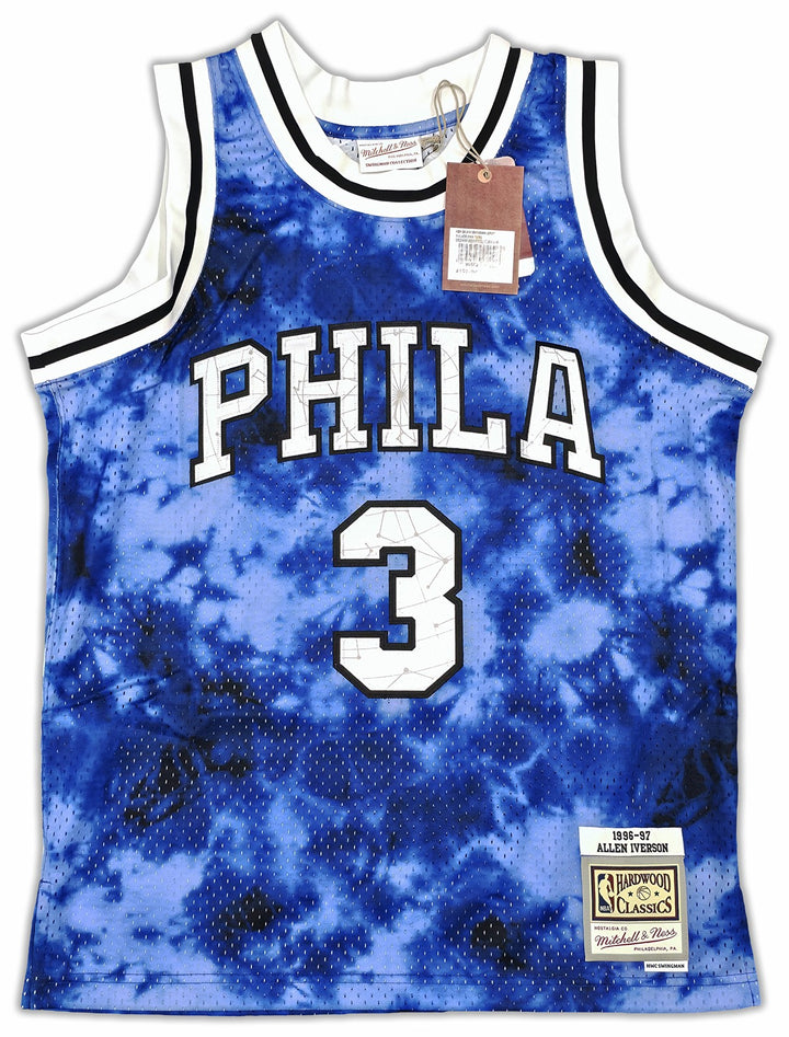 76ers Allen Iverson Auto Blue M & N 1996-97 HWC Swingman Galaxy Jersey Size M