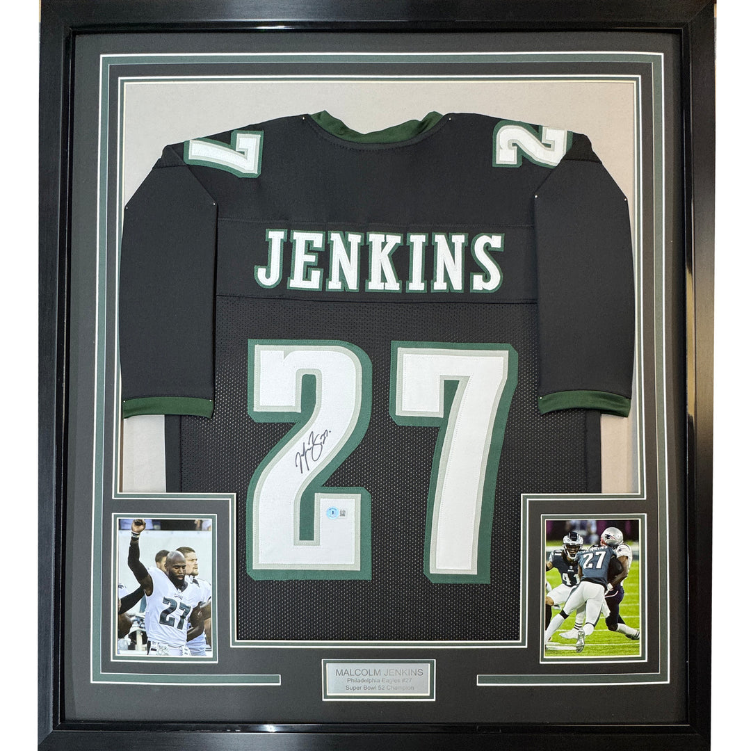 Framed Autographed/Signed Malcolm Jenkins 33x42 Black Jersey BAS COA