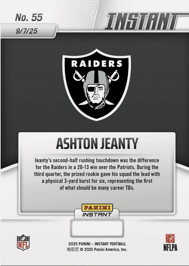 2025 Instant NFL Ashton Jeanty #55 Auto /99 Las Vegas Raiders RC Card