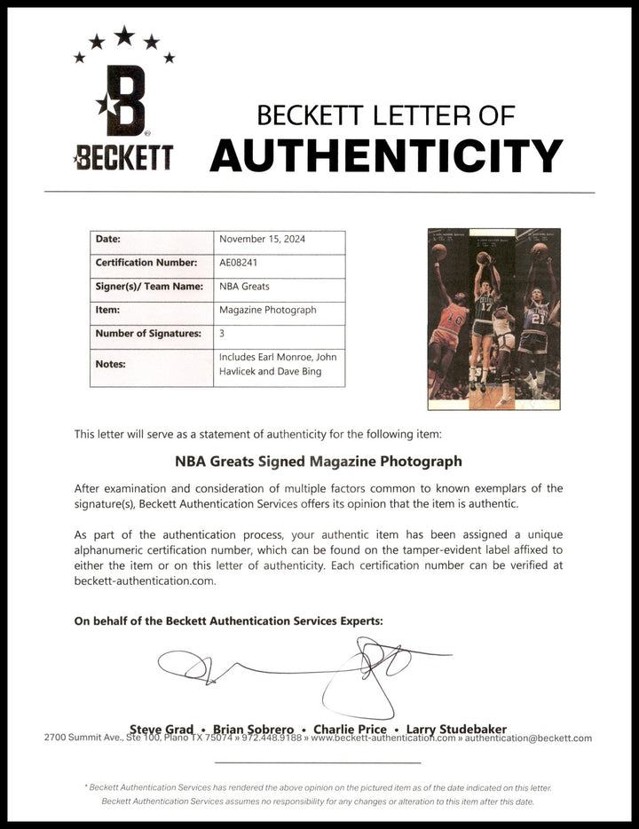 John Havlicek, Earl Monroe & Dave Bing Auto 8x11 Magazine Page Beckett #AE08241