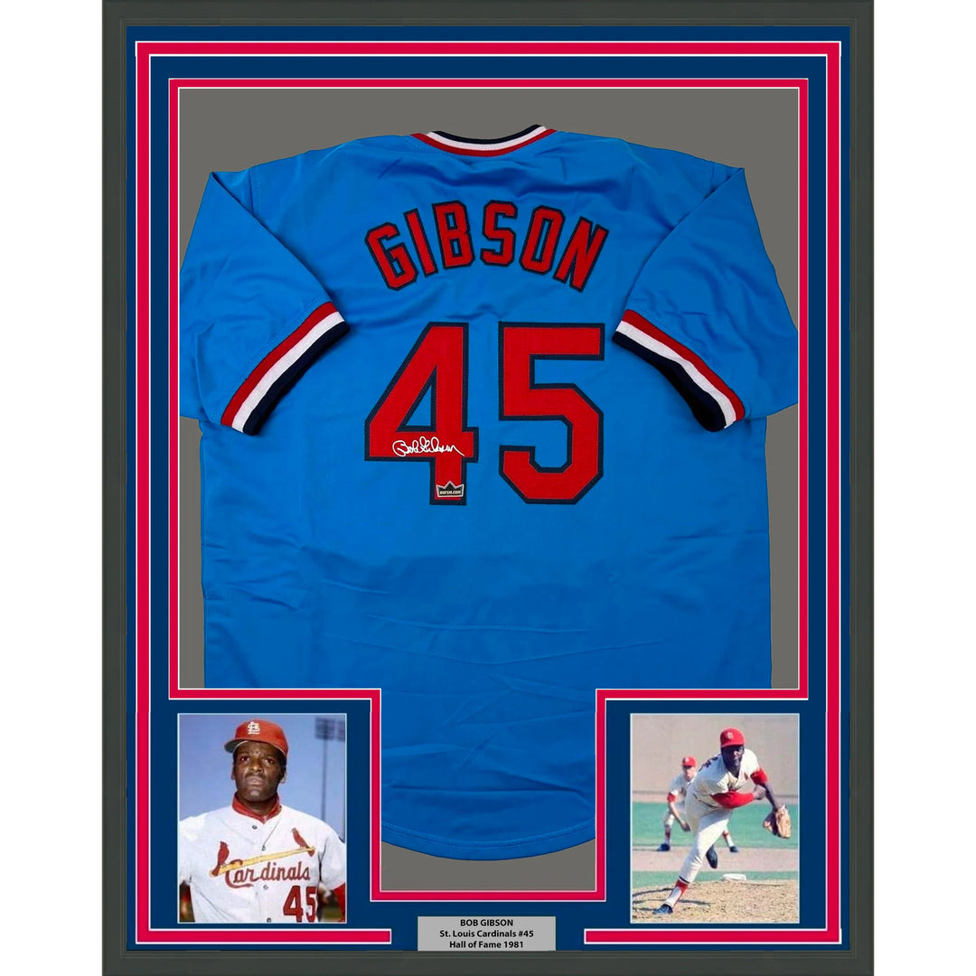 Framed Facsimile Autographed Bob Gibson 33x42 Blue Reprint Laser Auto Jersey
