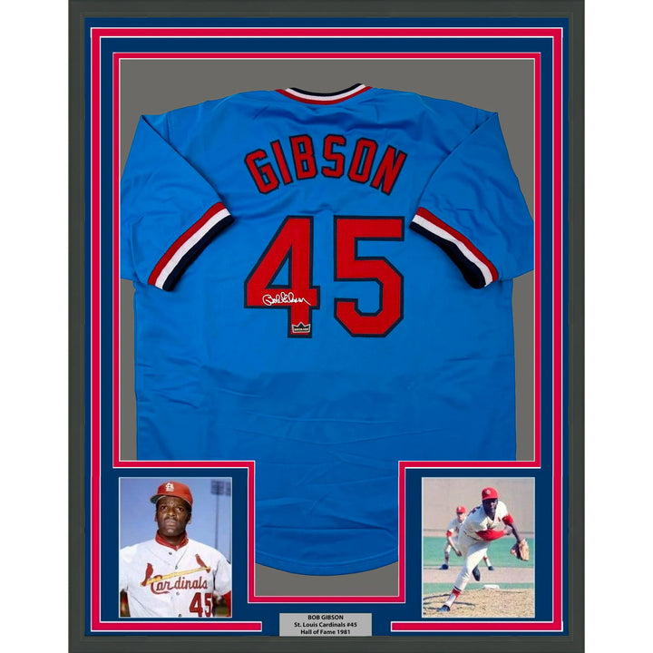 Framed Facsimile Autographed Bob Gibson 33x42 Blue Reprint Laser Auto Jersey