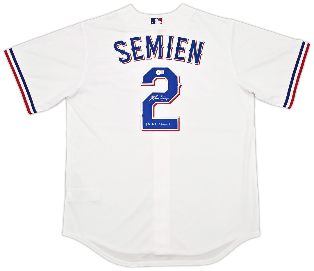 Rangers Marcus Semien Signed White Nike Jersey Size L "23 WS Champs" Beckett Wit