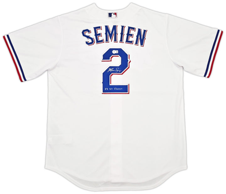 Rangers Marcus Semien Signed White Nike Jersey Size L "23 WS Champs" Beckett Wit