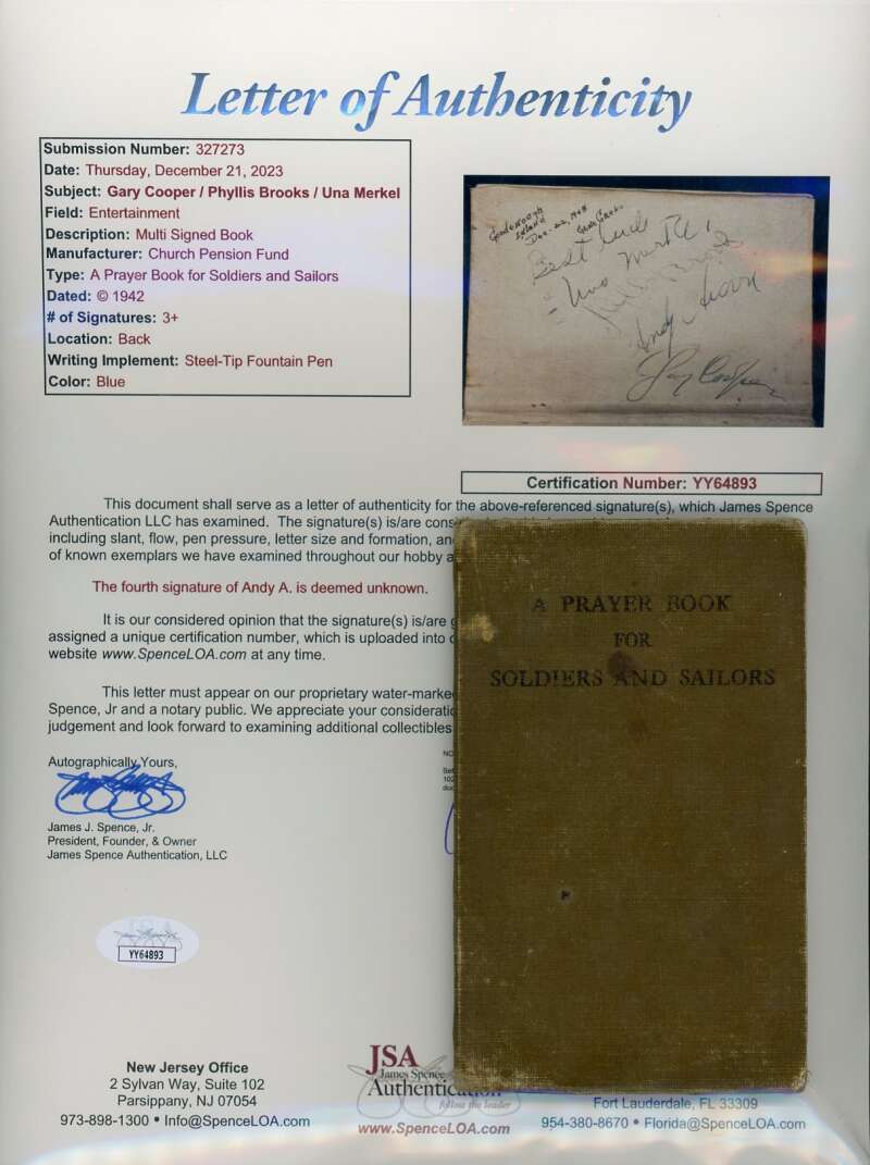 Gary Cooper Phyllis Brooks Una Merkel JSA LOA Signed WW2 Prayer Book Autograph