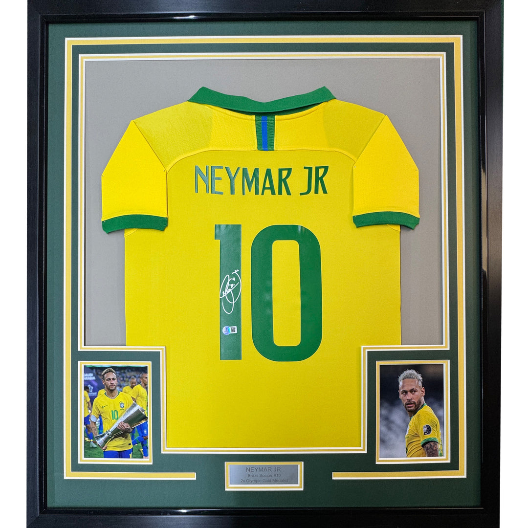 Framed Autographed/Signed Neymar Jr. 35x39 Brazil Soccer Jersey Beckett BAS COA