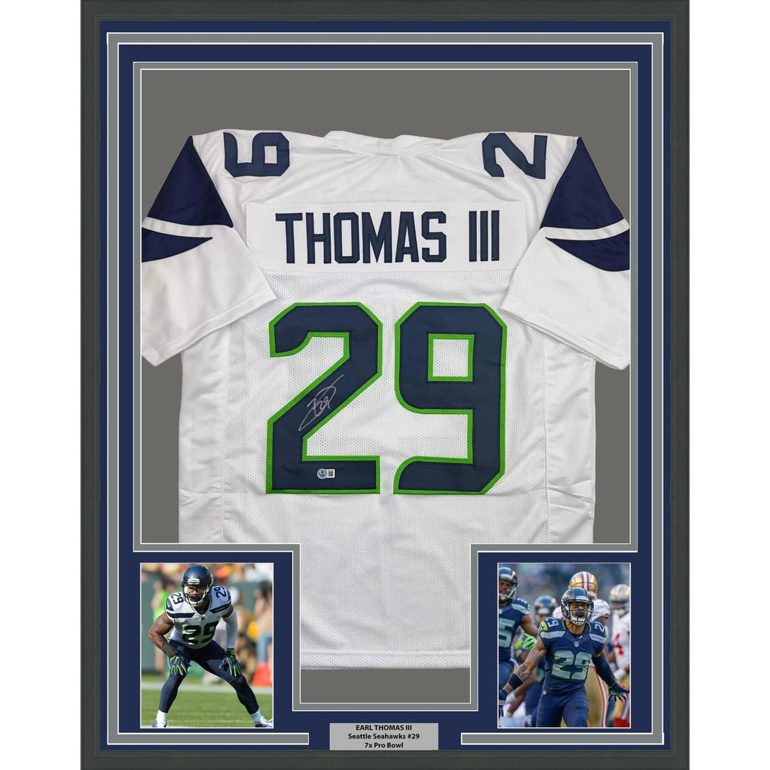 Framed Signed Earl Thomas III 35x39 Seattle White Jersey Beckett COA