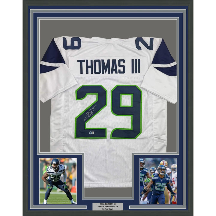 Framed Signed Earl Thomas III 35x39 Seattle White Jersey Beckett COA