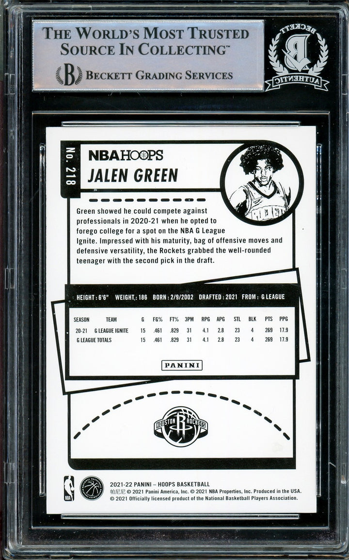Jalen Green Autographed Signed 2021-22 NBA Hoops RC 218 Houston Rockets Beckett