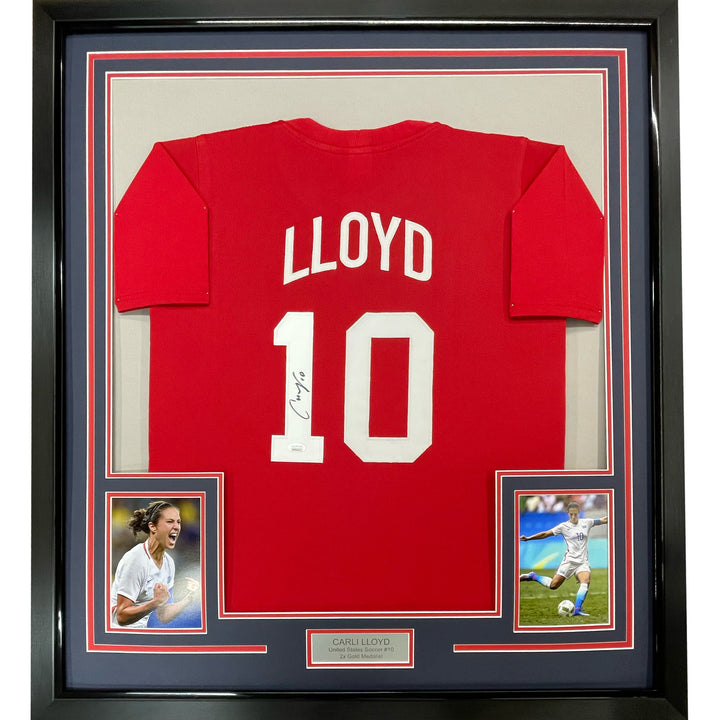 FRAMED Autographed/Signed CARLI LLOYD 33x42 Red Team USA Soccer Jersey JSA COA