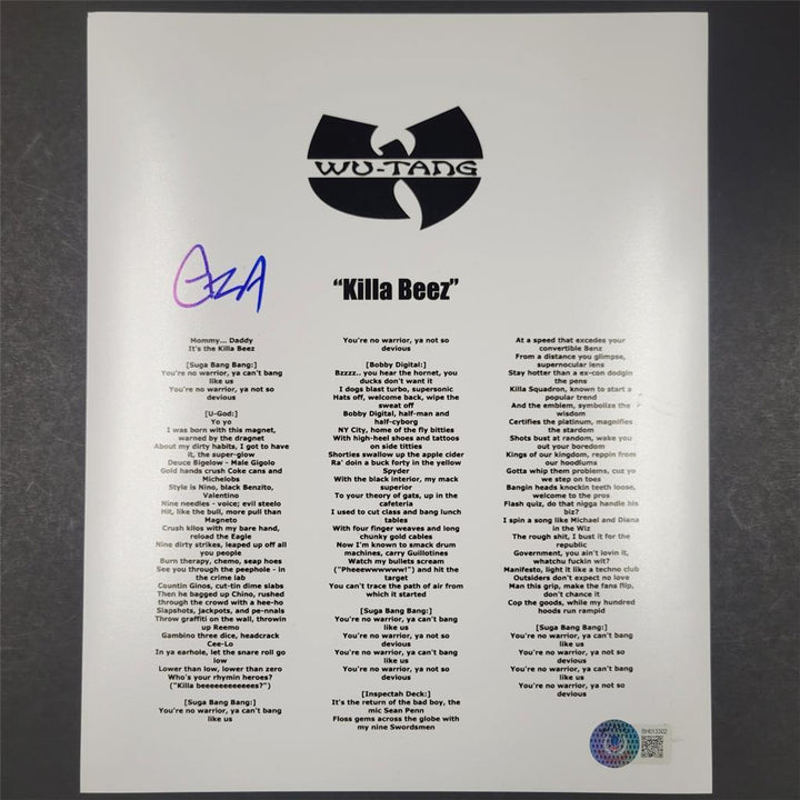 Gza Wu Tang Clan signed "Killa Beez" 8x10 lyric sheet autograph Beckett BAS Holo