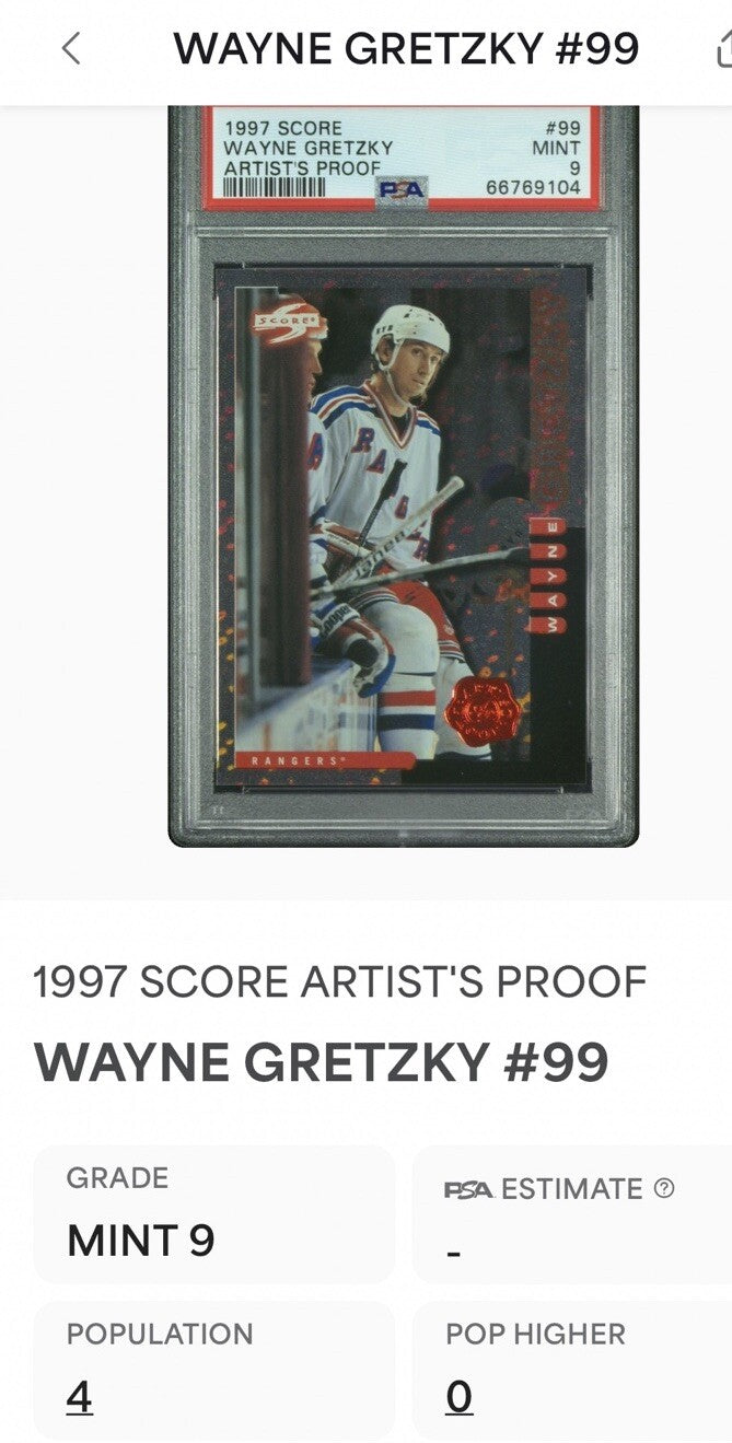 1997 Pinnacle Score Wayne Gretzky Red Artist Proof #99 Rangers Psa 9 Mint Pop 4