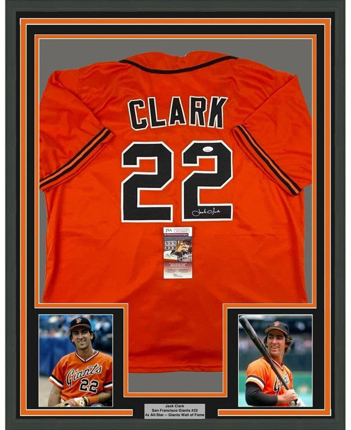 FRAMED Autographed/Signed JACK CLARK 33x42 San Francisco Orange Jersey JSA COA