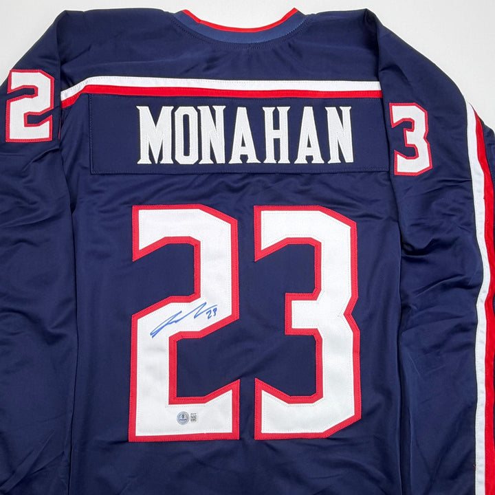 Autographed/Signed Sean Monahan Columbus Blue Hockey Jersey Beckett BAS COA