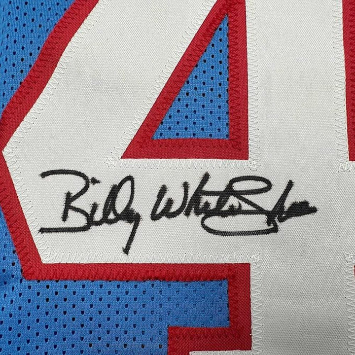 Framed Autographed/Signed Billy White Shoes Johnson 35x39 Blue Jersey JSA COA