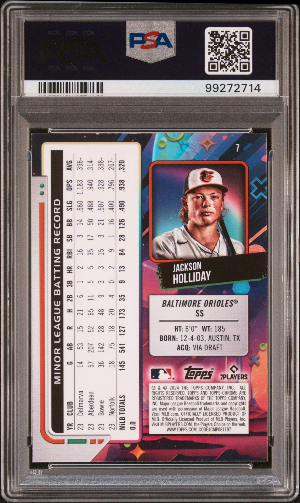 Graded 2024 Topps Cosmic Chrome Jackson Holliday #7 Rookie Baseball Card PSA 10