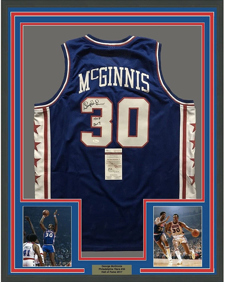 FRAMED Autographed/Signed GEORGE MCGINNIS 33x42 Philadelphia Blue Jersey JSA COA