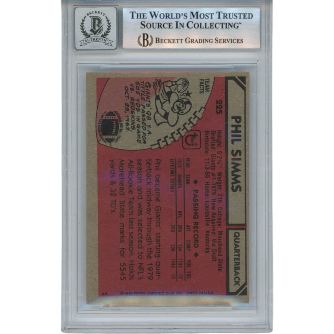 Phil Simms Autographed/Signed 1980 Topps #225 Slab Trading Card Beckett 53180