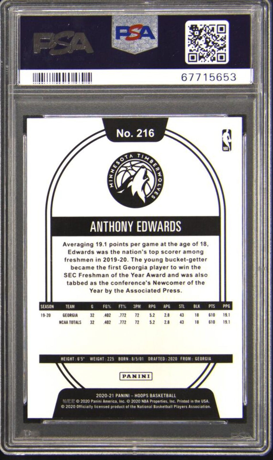 Graded 2020 Panini Hoops Anthony Edwards #216 Rookie Basketball Card PSA 10