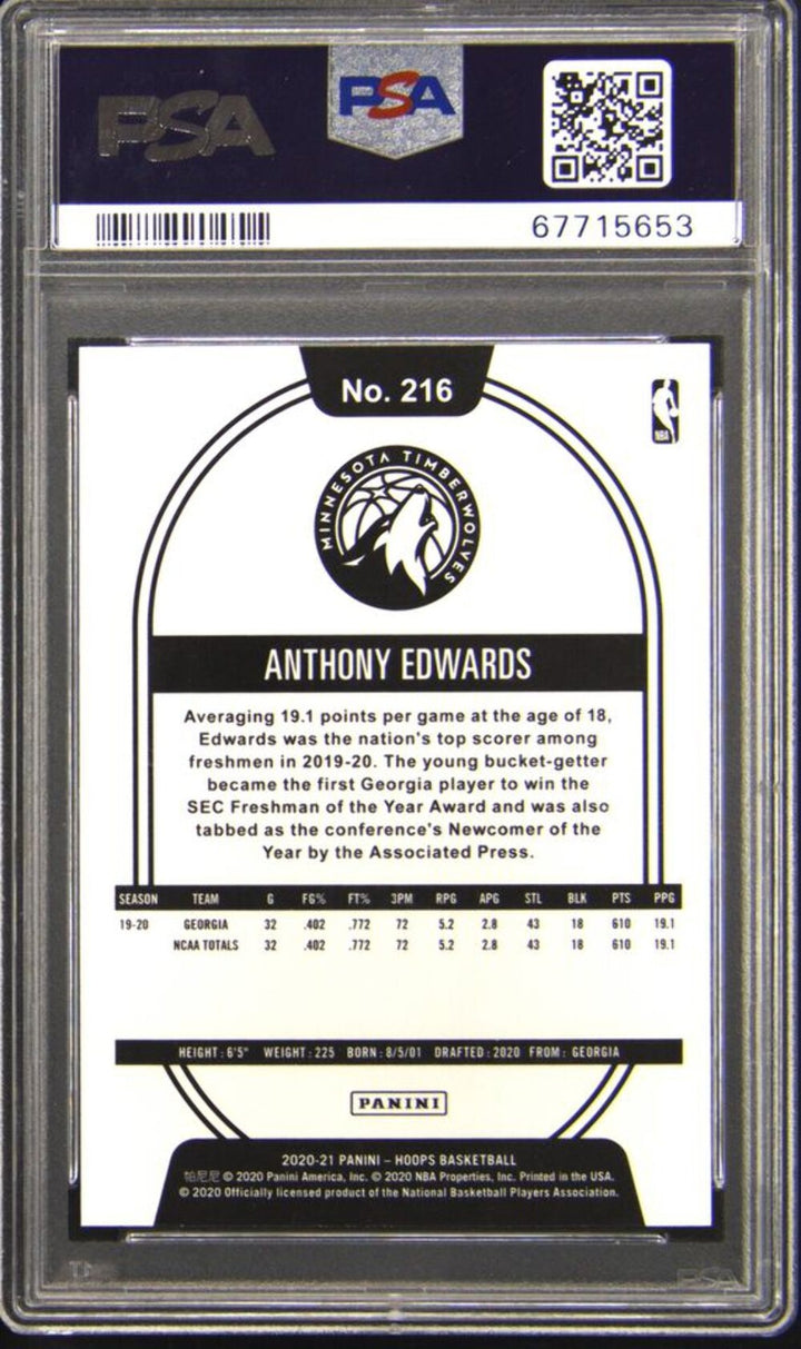 Graded 2020 Panini Hoops Anthony Edwards #216 Rookie Basketball Card PSA 10